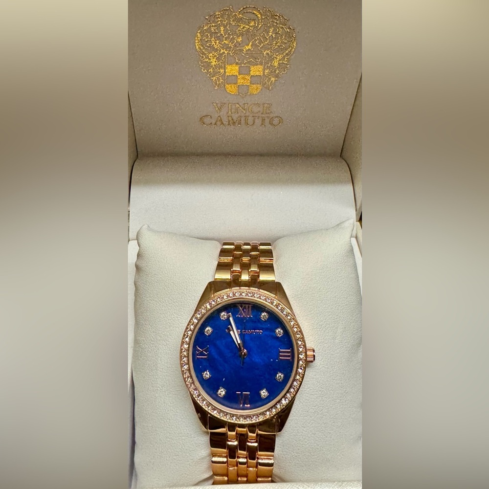 Elegant Women’s Vince Camuto Watch in Rose Gold with Royal Blue Diamond Bezel